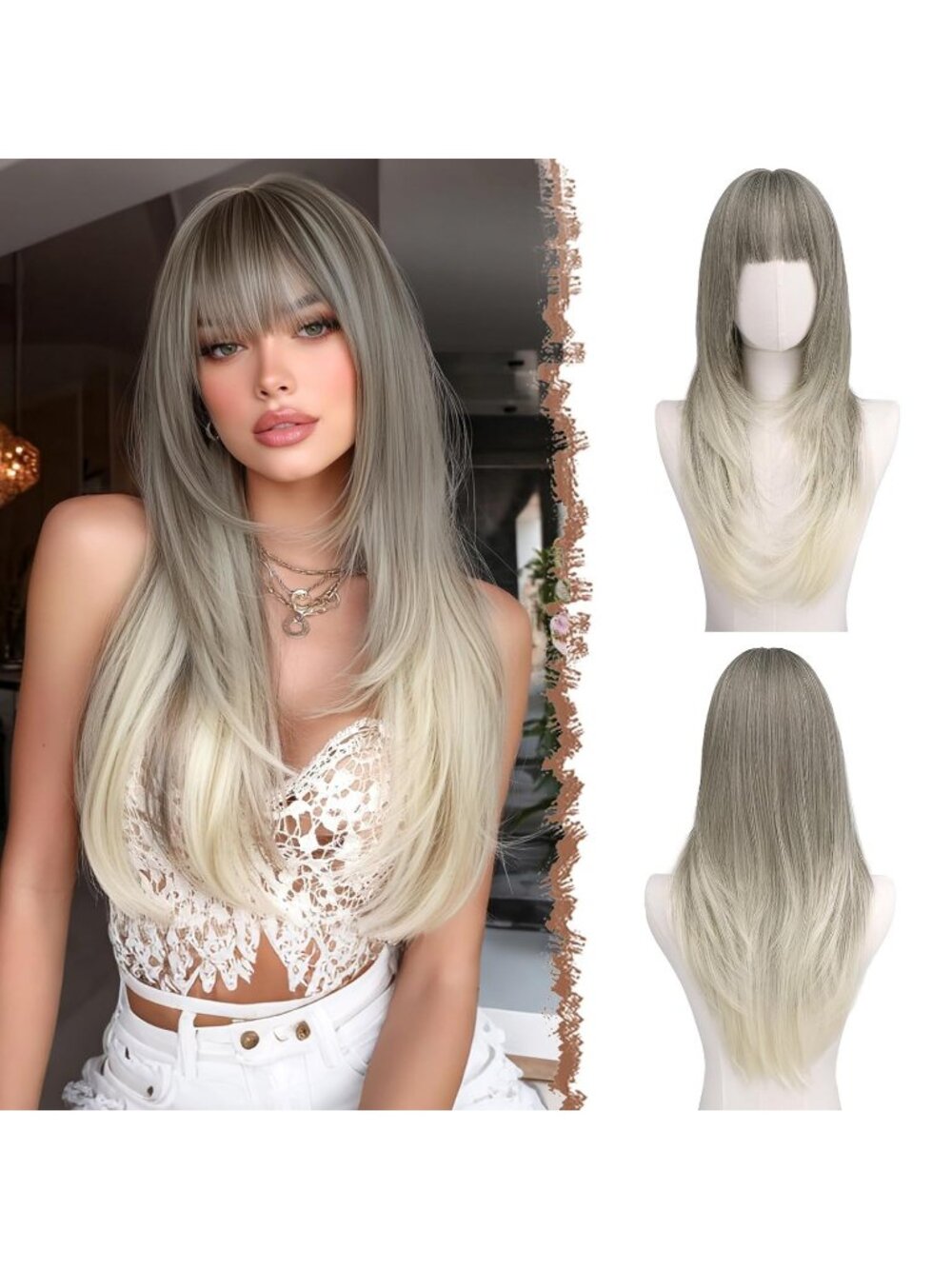 24 Inch Women's Ash Blonde Synthetic Long Straight Sleek Layered Wig with Bangs